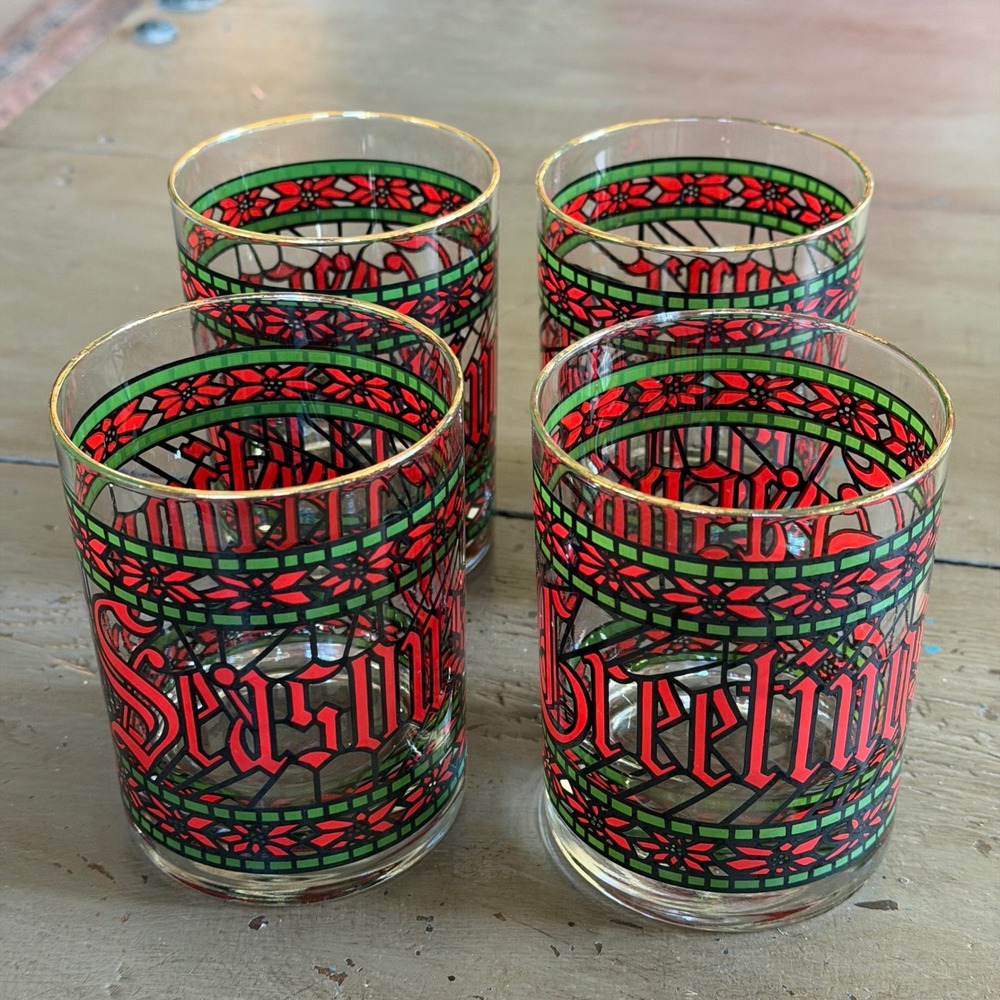Vintage 70s Seasons Greetings Stained Glass Christmas Lowball Glasses Set of 4